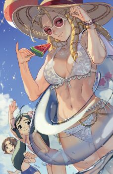 Rule 34 | 3girls, abs, absurdres, antenna hair, bikini, black hair, blonde hair, blue sky, bow, bracelet, breasts, brown hair, day, drill hair, flat chest, food, hair bow, hat, highres, innertube, jewelry, jody jong, justice gakuen, kanzuki karin, karuizawa momo, md5 mismatch, medium breasts, moero! justice gakuen, multiple girls, navel, one-piece swimsuit, pinky out, popsicle, red-tinted eyewear, red-tinted glasses, resolution mismatch, sky, smile, solo focus, source request, source smaller, street fighter, street fighter v, sun hat, sunglasses, swim ring, swimsuit, tankini, tinted eyewear, toned, twintails, wakaba hinata, watermelon bar, white bikini