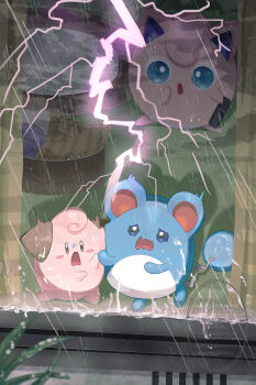 :o absurdres blue_eyes blush blush_stickers cleffa commentary controller curtains gen_1_pokemon gen_2_pokemon highres holding holding_remote_control indoors jigglypuff lightning looking_outside marill nintendo no_humans open_mouth pillow piyokonoenikki_04 plant pokemon pokemon_(creature) pokemon_focus rain remote_control scared symbol-only_commentary watermark wavy_eyes wavy_mouth