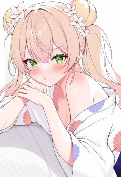 1girl armpit_crease beaterpx blonde_hair blush breasts cleavage closed_mouth commentary crossed_bangs double_bun floral_print flower gradient_hair green_eyes hair_bun hair_flower hair_ornament hand_on_own_cheek hand_on_own_face hand_on_own_wrist hashtag-only_commentary highres hololive japanese_clothes kimono long_hair looking_at_viewer lying momosuzu_nene momosuzu_nene_(new_year) multicolored_hair off_shoulder official_alternate_costume pink_hair pout shoulder_blush simple_background single_off_shoulder solo sweat symbol-only_commentary twintails two_side_up virtual_youtuber white_background white_flower white_kimono