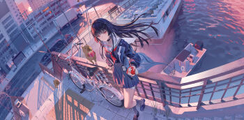 1girl absurdres bicycle black_choker black_hair black_jacket black_serafuku black_shirt black_skirt breasts chisa_(wuthering_waves) choker closed_mouth commentary dawder evening highres holding jacket long_hair long_sleeves looking_at_viewer medium_breasts namipon_(wuthering_waves) neckerchief outdoors red_eyes red_neckerchief sailor_collar school_uniform serafuku shirt skirt solo white_sailor_collar wuthering_waves