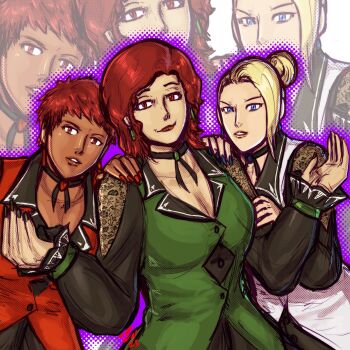 3girls blonde_hair blue_eyes breasts brown_hair cleavage curvy dark-skinned_female dark_skin dress earrings female_focus formal_clothes hair_bun hand_up highres jewelry large_breasts long_hair long_sleeves looking_at_viewer mature_(kof) medium_hair multiple_girls pale_skin red_eyes red_hair see-through_clothes short_hair smile suit tan taurence_bell the_king_of_fighters vanessa_(kof) vice_(kof) wide_hips