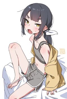 1girl akari_(raigou) barefoot black_hair bow bra elf flat_chest grey_shorts hair_bow highres jacket long_hair midriff open_mouth original pointy_ears ponytail raigou seal_impression shorts sidelocks solo thick_eyebrows underwear yellow_eyes yellow_jacket
