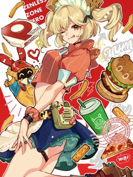 1girl ;p absurdres bangboo_(zenless_zone_zero) blonde_hair blue_skirt breasts burger burnice_white cowboy_shot crop_top food highres medium_breasts miniskirt misoshiru_umai4 official_alternate_costume one_eye_closed pizza puffy_short_sleeves puffy_sleeves red_eyes red_shirt shirt short_sleeves skirt smile soda thigh_strap tongue tongue_out twintails zenless_zone_zero