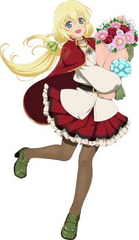 Rule 34 | 1girl, artist request, belt, black belt, black pantyhose, blonde hair, blue eyes, bouquet, colette brunel, flower, full body, game cg, gloves, green gloves, green shoes, hair ornament, highres, holding, holding bouquet, jewelry, long hair, looking at viewer, official art, open mouth, pantyhose, pendant, petticoat, red skirt, shirt, shoes, skirt, smile, solo, tales of (series), tales of asteria, tales of symphonia, third-party source, twintails, white shirt