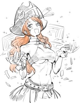 1girl arm_strap bare_shoulders belt belt_buckle breasts buckle choker coin collarbone crop_top glint gloves groin halterneck hat hat_feather holding holding_coin light_blush long_hair looking_at_viewer low_twintails medium_breasts midriff money monochrome nami_(one_piece) narrow_waist navel official_alternate_costume official_alternate_hairstyle one_piece one_piece_film:_red open_mouth orange_hair pirate_hat pleated_skirt raine_(acke2445) skirt solo sparkle spot_color stomach twintails underboob upper_body wavy_hair