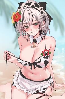 1girl absurdres acedia animal_print apron bare_arms bare_shoulders beach bell bikini blurry blurry_background blush bow breasts cleavage collarbone commentary cow_print cow_print_bikini cowbell detached_collar flower green_eyes grin hair_bow hair_flower hair_ornament highres hololive large_breasts long_hair looking_at_viewer miniskirt navel open_clothes ponytail print_bikini shirogane_noel side_slit sitting skindentation skirt smile solo stomach strap_pull string_bikini swimsuit thigh_strap untied_bikini virtual_youtuber waist_apron wariza white_hair white_skirt
