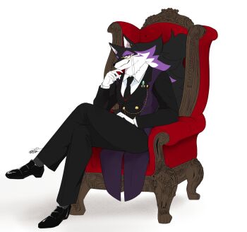 1boy armchair black_fur black_suit body_fur chair crossed_legs formal_clothes full_body furry furry_male highres looking_at_viewer male_focus monocle original purple_eyes purple_fur simple_background sitting solo suit tail tiger_subaru white_background white_fur wolf_boy