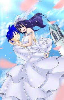 1boy 1girl aged_up black_eyes blue_hair bride brown_eyes church commission commissioner_upload couple dmayaichi dress edate_yaramashi fairy_tail fairy_tail:_h_quest groom highres jewelry my_blue_demon original reference_work ring tuxedo wedding wedding_band wedding_dress wedding_ring wendy_marvell