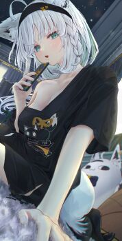 1girl absurdres ahoge animal_ear_fluff animal_ears black_hairband black_shirt braid breasts cellphone cleavage fox_ears fox_girl fox_tail green_eyes hairband highres hinataaoi_(iraiuketsukechuu) holding holding_phone hololive medium_breasts open_mouth phone shirakami_fubuki shirt short_sleeves side_braid smartphone solo tail virtual_youtuber white_hair wide_sleeves