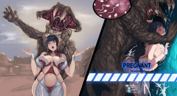 1boy 1girl ass black_hair blush breast_press breasts bulge clothed_sex crying crying_with_eyes_open cum cum_in_mouth cum_in_pussy defeat eve_(stellar_blade) glasses huge_breasts impregnation instant_loss long_hair looking_at_viewer makeup monster open_mouth ovum runny_makeup sex sex_from_behind size_difference stellar_blade stomach_bulge tears torn_clothes vaginal