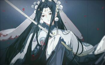1boy black_eyes black_hair blade_to_throat capelet chinese_clothes crying crying_with_eyes_open curtained_hair earrings facial_mark falling_petals farewell_my_concubine_(the_tale_of_food) forehead_mark glint hair_ornament hanfu headdress holding holding_sword holding_weapon jewelry jian_(weapon) long_hair male_focus muted_color pakashan parted_bangs parted_lips peking_opera petals pom_pom_(clothes) pom_pom_earrings pom_pom_hair_ornament red_robe robe sidelocks sideways_glance sleeves_past_fingers sleeves_past_wrists solo sword tassel tassel_earrings tears the_tale_of_food upper_body veil water_sleeves weapon white_capelet white_veil