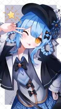 1girl ;p black_bow black_hair blue_bow blue_hair blue_skirt blush bow braid braided_hair_rings capelet chinese_commentary collared_shirt commentary_request hair_bow hair_rings hat highres long_sleeves looking_at_viewer mahou_shoujo_no_majo_saiban necktie one_eye_closed plaid_clothes plaid_skirt pleated_skirt shirt skirt smile solo solo_focus star_(symbol) tachibana_sherry tongue tongue_out twin_braids v v_over_eye vest yellow_eyes yuanzi_ako
