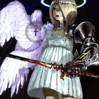 1girl angel asymmetrical_arms blonde_hair blood bloody_weapon blue_eyes commentary_request cross cross_necklace dress feathered_wings flat_chest floating floating_object gauntlets halo holding holding_sword holding_weapon jewelry jonpei long_hair lowres necklace oekaki open_mouth original solo sword tearing_up weapon white_dress white_wings winged_arms wings