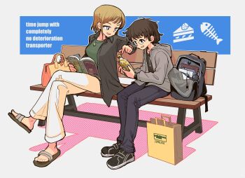 1boy 1girl absurdres artistic_error bag bench blonde_hair brown_eyes brown_hair chair drinking_straw food highres hood hood_down hoodie looking_at_another original pants sandals short_hair sitting smile wrong_foot yamaso