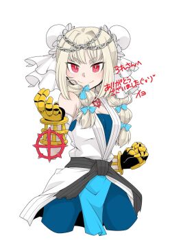 Rule 34 | 1girl, beckoning, black gloves, blonde hair, blue bodysuit, blue bow, blush, bodysuit, bodysuit under clothes, bow, braid, breasts, bridal gauntlets, bun cover, chain, cleavage, closed mouth, commentary request, commission, cowboy shot, cross, double bun, gauntlets, gloves, hair bow, hair bun, hair intakes, inverted cross, iyofika, long hair, looking at viewer, medium breasts, official alternate costume, pelvic curtain, ragnarok online, red eyes, shirt, simple background, skeb commission, smile, solo, sura (ragnarok online), translation request, twin braids, white background, white shirt