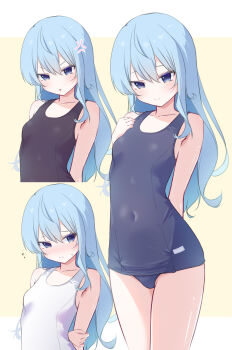 1girl anger_vein arm_behind_back black_one-piece_swimsuit blue_eyes blue_hair blue_one-piece_swimsuit blush breasts capuchi_(111cappuccino) closed_mouth collarbone commentary_request covered_navel highres hololive hoshimachi_suisei long_hair multiple_views one-piece_swimsuit open_mouth paid_reward_available school_swimsuit simple_background small_breasts swimsuit virtual_youtuber white_one-piece_swimsuit yellow_background