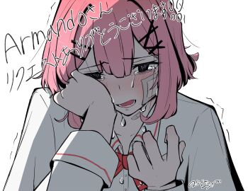 Rule 34 | 1girl, amaori renako, bandaid, bandaid on face, blush, collared shirt, commentary, commission, crying, crying with eyes open, hair ornament, highres, long sleeves, nobunaga (nbng g), open mouth, pink hair, purple eyes, shirt, short hair, simple background, skeb commission, solo, tears, teeth, trembling, watashi ga koibito ni nareru wake naijan murimuri!, white background, white shirt, wiping tears, x hair ornament