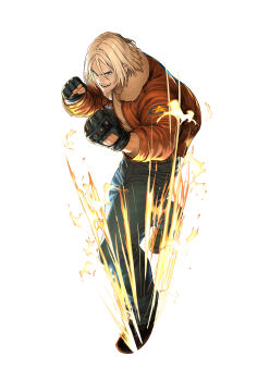 1boy absurdres aura azuma_kyoutarou_(artist) black_gloves black_pants blonde_hair brown_jacket fatal_fury fatal_fury:_city_of_the_wolves fingerless_gloves gloves highres jacket official_art open_mouth pants second-party_source short_hair simple_background solo terry_bogard white_background