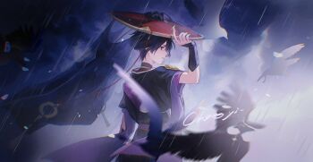 Rule 34 | 1boy, absurdres, arm at side, armor, bird, bishounen, black bodysuit, black hair, black kimono, black mask, black shorts, black sleeves, black veil, blunt ends, bodysuit, chongyi2111, commentary request, eyelashes, from behind, furisode, genshin impact, gold, hat, highres, japanese armor, japanese clothes, jewelry, jingasa, juban, kimono, kote, kurokote, layered sleeves, looking to the side, male focus, mask on hat, neck ring, outdoors, overcast, purple eyes, purple sash, purple sleeves, rain, red hat, red kimono, red sash, sash, scaramouche (genshin impact), shorts, sideways mouth, sky, solo, string, tilted headwear, veil, white kimono, white mouth