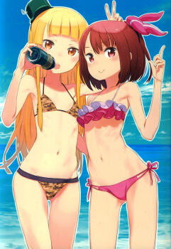 Rule 34 | 10s, 2girls, :o, absurdres, animal ears, animal hat, arched back, armpits, beach, bikini, blonde hair, blunt bangs, blush, bottle, brown bikini, camouflage, camouflage bikini, closed mouth, cowboy shot, day, drink, drinking, fake animal ears, flat chest, frilled bikini, frills, fukaziroh (sao), gradient background, green hat, green headwear, groin, hairband, hand on another's back, hand up, hands up, hat, highres, hip bones, hip focus, holding, holding bottle, index finger raised, kuroboshi kouhaku, legs apart, legs together, light smile, llenn (sao), long hair, looking at viewer, lowleg, lowleg bikini, mini hat, multi-strapped bikini bottom, multiple girls, navel, ocean, open mouth, orange eyes, outdoors, outline, parted bangs, pink bikini, pink hat, pointing, pointing up, print bikini, rabbit ears, rabbit hat, red eyes, red hair, ribs, scan, short hair, side-by-side, side-tie bikini bottom, sidelocks, skinny, smile, standing, string bikini, sweat, swimsuit, sword art online, thigh gap, v, very long hair, water, winged hat