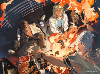 3boys animal_ears arknights arm_on_knee arm_support beer_can bird_boy bishounen black_hair black_shirt blonde_hair blue_eyes blue_vest bonfire bracelet can chinese_commentary collarbone commentary_request cooking copyright_logo copyright_notice dark-skinned_male dark_skin dog dog_boy dog_ears dog_tail drink_can elysium_(arknights) elysium_(shimmering_dew)_(arknights) eyewear_on_head feather_hair food from_above full_body gloves green-tinted_eyewear grey_eyes grey_pants grey_shorts grill grilling grin hand_on_own_ankle highres holding holding_tongs hood hood_up hooded_jacket indian_style jacket jacket_on_shoulders jewelry knee_up logo looking_at_viewer looking_back looking_up male_focus multicolored_hair multiple_boys multiple_necklaces necklace official_art open_clothes open_jacket open_mouth pants ponytail railing robe sandals shirt shish_kebab short_hair short_ponytail shorts sitting smile soda_can streaked_hair t-shirt tail tequila_(arknights) thorns_(arknights) tinted_eyewear toned toned_male tongs turning_head twiii_ye vest white_gloves white_hair white_jacket white_robe yellow_eyes