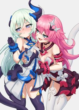 2girls :d absurdres bare_shoulders black_dress black_gloves black_panties black_thighhighs blue_eyes blush breasts closed_mouth commission dress fang garter_straps gloves grey_background grey_hair highres honkai_(series) honkai_impact_3rd horns liliya_olenyeva long_hair multiple_girls nose_blush open_mouth panties pink_hair purple_eyes rozaliya_olenyeva short_eyebrows siblings simple_background single_horn small_breasts smile tail thick_eyebrows thighhighs twins underwear v-shaped_eyebrows very_long_hair white_dress white_gloves white_thighhighs yuri zancrowkami