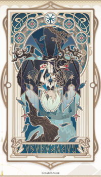 1boy anaxa_(honkai:_star_rail) ascot black_jacket black_shirt card_(medium) copyright_notice eyepatch faceless faceless_male green_hair honkai:_star_rail honkai_(series) jacket long_sleeves male_focus official_art shirt short_hair solo tarot tarot_(medium) tree upside-down white_ascot