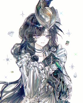 1girl absurdres black_gloves black_hair chinese_commentary commentary_request diamond_(gemstone) fishnet_veil gloves grey_hat grey_jacket grin hands_up hat highres holding holding_jewelry holding_necklace isolde_(and_all_that_jazz)_(reverse:1999) isolde_(reverse:1999) jacket jewelry long_hair looking_at_viewer necklace official_alternate_costume pearl_necklace purple_eyes reverse:1999 smile solo sparkle upper_body weiyan_(nbnbmwnl) white_background