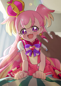 1girl 1other :d arched_crown blanket blonde_hair blush bow bow_earrings bright_pupils brooch capelet clenched_hands commentary crown cure_wonderful dress dress_bow earrings frilled_wrist_cuffs frills heart heart_brooch highres indoors inukai_komugi jewelry lens_flare long_hair looking_at_viewer magical_girl mini_crown multicolored_bow multicolored_hair on_bed open_mouth pact_holder pink_bow pink_capelet pink_crown pink_dress pink_hair pink_wrist_cuffs pouch pov precure puffy_short_sleeves puffy_sleeves purple_bow purple_eyes short_dress short_sleeves smile solo_focus streaked_hair striped_bow tiler_(tiler00) tilted_headwear two-tone_hair two_side_up very_long_hair wonderful_pact wonderful_precure! wrist_cuffs yellow_pupils