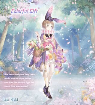 1girl :o animal_ear_piercing animal_ears artist_request basket bell_ear_ornament black_boots blue_sky bob_cut boots bow braid brown_hair bush colorful_gift_(miracle_nikki) dappled_sunlight day dot_nose dress easter expressionless fake_animal_ears falling_petals floral_print frilled_dress frilled_sleeves frills full_body green_eyes hand_up hat high_heel_boots high_heels holding holding_basket layered_sleeves light_blush light_rays long_sleeves looking_at_viewer mini_hat mini_top_hat miracle_nikki neck_ruff nikki_(series) official_art outdoors outline pantyhose parted_lips petals print_dress print_pantyhose purple_bow purple_hat purple_robe rabbit_ears robe short_dress short_hair single_braid sky sleeve_bow snowflake_print solo spring_(season) standing stuffed_animal stuffed_rabbit stuffed_toy sunlight tareme tassel third-party_source top_hat white_dress white_outline white_pantyhose