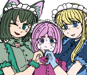 Rule 34 | 3girls, animal ear fluff, animal ears, annette (isekai shikkaku), blonde hair, blue eyes, bob cut, cat ears, female focus, fur wrist cuffs, gloves, green hair, heart, heart hands, heart hands duo, isekai shikkaku, long hair, maid, maid headdress, medium hair, multiple girls, nervous smile, nervous sweating, parted bangs, pink hair, pointy ears, simple background, smile, sweat, tama (isekai shikkaku), upper body, white background, wrist cuffs