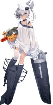 1girl bad_link ballet_boots black_one-piece_swimsuit dace_(kancolle) dixie_cup_hat fish full_body garter_straps grey_eyes grey_hair hat headgear kantai_collection looking_at_viewer machinery military_hat official_art one-piece_swimsuit shirt shizuma_yoshinori side_ponytail single_garter_strap single_thighhigh sleeves_past_fingers sleeves_past_wrists solo stuffed_toy swimsuit swimsuit_under_clothes thighhighs thumbs_up transparent_background white_hat white_shirt