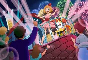 1girl absurdres alternate_costume arm_ribbon armpits arms_up bare_shoulders blonde_hair blue_eyes bow braixen cheering child cityscape clapping collarbone crowd dress dress_bow eyelashes fankifalu female_focus fireworks flat_chest full_body gen_6_pokemon gloves happy hat highres idol knees legs mary_janes medium_hair mini_hat neck nintendo no_bra official_alternate_hair_length official_alternate_hairstyle open_mouth outdoors outstretched_arms pigeon-toed pink_dress pink_gloves pink_shoes pokemon pokemon_(anime) pokemon_(creature) pokemon_xy_(anime) ribbon serena_(pokemon) shoes sidelocks single_thighhigh sky sleeveless sleeveless_dress stage_lights standing strapless strapless_dress swept_bangs thighhighs thighs top_hat