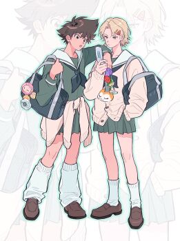 Rule 34 | 2boys, badge, bag, bag charm, blonde hair, brown hair, button badge, cardigan, cardigan around waist, cellphone charm, character charm, charm (object), clothes around waist, commentary, crossdressing, crossdressing (mtf), digimon, digimon adventure, digimon adventure tri., digivice, green neckerchief, green serafuku, hair ornament, hairclip, hand in pocket, hand on another's shoulder, highres, holding, holding bag, holding phone, ishida yamato, konashio, koromon, loafers, long sleeves, looking at object, loose socks, male focus, miniskirt, multiple boys, neckerchief, open mouth, phone, pleated skirt, school bag, school uniform, serafuku, shoes, short hair, skirt, socks, takaishi takeru, tunomon, white background, white socks, yagami taichi, zoom layer