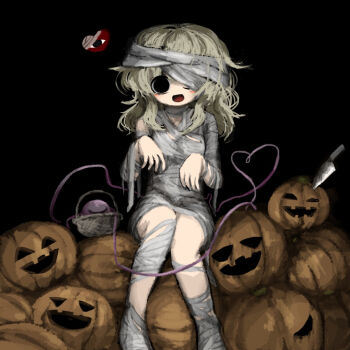 1girl bandage_over_one_eye bandages black_background black_eyes commentary_request eyeball grey_hair halloween halloween_costume heart heart_of_string heripantomorrow jack-o'-lantern knife komeiji_koishi looking_at_viewer mummy mummy_costume pumpkin simple_background sitting third_eye touhou