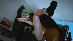 1girl 3d animal_penis animated ass bestiality blush bouncing_breasts breasts ceres_fauna chair dog dog_penis dutch_angle earrings foreshortening german_shepherd green_hair hair_ornament hetero highres hololive hololive_english indoors interspecies jewelry looping_animation lumikiru_(artist) medium_breasts nintendo_switch nipples nude open_mouth penis sex shoes socks spread_legs television vaginal video virtual_youtuber yellow_eyes