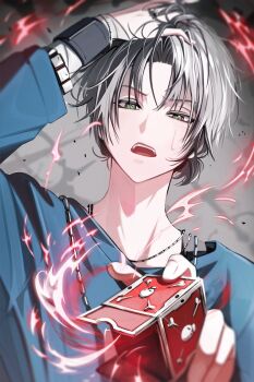 Rule 34 | 1boy, blue shirt, box, commentary request, fire, gokudera hayato, green eyes, grey hair, hand in own hair, highres, holding, holding box, jewelry, katekyo hitman reborn!, korean commentary, long sleeves, looking at viewer, male focus, necklace, open mouth, parted hair, ponytail, shirt, short ponytail, solo, sum i, teeth, upper teeth only, watch, wristwatch