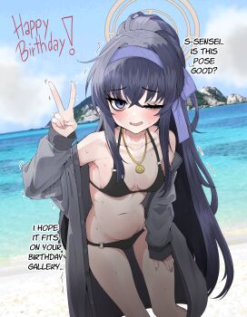 1girl absurdres bags_under_eyes bikini blue_archive blue_hairband breasts cardigan crossed_bangs english_text grey_cardigan hairband halo highres jewelry long_hair looking_at_viewer mayoa non-web_source official_alternate_costume open_clothes open_mouth ponytail small_breasts solo source_request swimsuit ui_(blue_archive) ui_(swimsuit)_(blue_archive) v very_long_hair yellow_halo