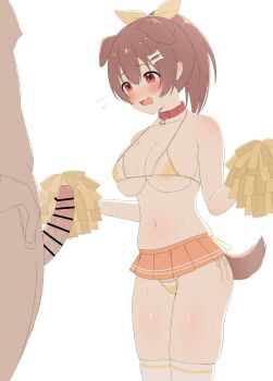 Rule 34 | 1boy, 1girl, :3, absurdres, alternate hairstyle, animal collar, animal ears, anime coloring, areola slip, bar censor, bikini, blush, bone hair ornament, breasts, brown eyes, brown hair, brown tail, censored, cheerleader, collar, commentary request, dog ears, dog girl, dog tail, erection, fidgeting, flying sweatdrops, hair ornament, halterneck, hetero, highres, hololive, inugami korone, large breasts, looking at penis, micro bikini, microskirt, miniskirt, navel, norigure18, open mouth, orange skirt, penis, penis awe, pom pom (cheerleading), ponytail, precum, raised inner eyebrows, side-tie bikini bottom, simple background, skindentation, skirt, socks, solo focus, standing, string bikini, surprised, swimsuit, tail, textless version, underboob, virtual youtuber, white background, white socks, yellow bikini