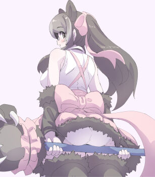 Rule 34 | 1girl, absurdres, animal ears, ass, bare shoulders, bear ears, bear girl, bear tail, bergman's bear (kemono friends), black hair, blush, bow, bowtie, bracelet, breasts, brown eyes, commentary request, empty eyes, extra ears, fur bracelet, grey hair, hair bow, highres, huge bow, jewelry, kemono friends, kemono friends 3, large breasts, long hair, looking at viewer, lowlandgorilla, multicolored hair, open mouth, panties, paw stick, shirt, sleeveless, tail, underwear, white panties