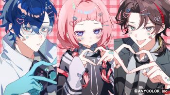 Rule 34 | 1girl, 2boys, :p, aqua eyes, aqua gloves, arched bangs, black bow, black jacket, black necktie, black sweater, blonde hair, blue-tinted eyewear, blue eyes, blue hair, bow, bracelet, braid, brown hair, cherry, cherry pop (vocaloid), coat, collared shirt, column lineup, copyright notice, curtained hair, food, four-finger heart hands, frown, fruit, gingham background, gloves, grey shirt, hair between eyes, hair bow, hair ornament, hairclip, heart, heart hair ornament, heart hands, jacket, jewelry, lab coat, lapels, leos vincent, long hair, long sleeves, looking at viewer, low ponytail, mask, medium hair, multicolored hair, multiple boys, necktie, necktie print, nijisanji, notched lapels, official alternate costume, official art, open clothes, open coat, open jacket, pink background, pink hair, ponytail, portrait, pout, purple eyes, raised inner eyebrows, red hair, respirator, rubber gloves, saegusa akina, safety glasses, sayu (snowman and mayu), school uniform, shirt, short bangs, short hair, side braid, sleeves past wrists, sticker, sticker on face, streaked hair, suo sango, sweater, tinted eyewear, tongue, tongue out, twin braids, upper body, upturned eyes, virtual youtuber, white coat