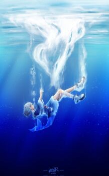 1girl blue_eyes blue_hair fins fish_tail gawr_gura gawr_gura_(1st_costume) hair_ornament highres hololive hololive_english medium_hair multicolored_hair nasterro shark_hair_ornament shark_tail shoes sneakers solo stitches streaked_hair tail underwater virtual_youtuber white_hair