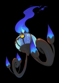 black_background blue_fire chandelier chandelure fire gen_5_pokemon nintendo no_humans nullma pokemon pokemon_(creature) pokemon_focus purple_fire simple_background solo yellow_eyes