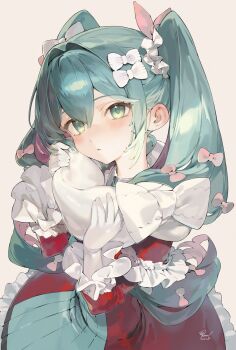 1girl aqua_eyes aqua_hair blush bow commentary_request dress gloves grey_background hair_between_eyes hair_ornament hair_scrunchie hatsune_miku highres long_hair long_sleeves looking_at_viewer nezumidoshi red_dress scarf scrunchie signature simple_background solo twintails very_long_hair vocaloid white_bow white_gloves white_scarf white_scrunchie