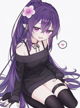 Rule 34 | 1girl, absurdres, bare shoulders, black gloves, black sweater, black thighhighs, breasts, character request, commentary, commission, copyright request, crossed bangs, double-parted bangs, earrings, english commentary, fingerless gloves, flower, full body, gloves, hair between eyes, hair flower, hair ornament, heart, highres, jewelry, long hair, long sleeves, looking at viewer, namin (namin star), open mouth, pointy ears, ponytail, purple eyes, purple hair, sidelocks, simple background, small breasts, smile, solo, speech bubble, spoken heart, sweater, thigh strap, thighhighs, watermark, white background