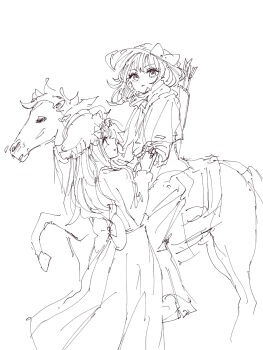 1other 2girls animal blonde_hair bow bow_(weapon) brown_hair capelet dress greyscale hair_between_eyes hand_on_another&#039;s_hand hat hat_bow highres horse horseback_riding kashiwada_kiiho long_dress long_hair long_sleeves maribel_hearn mob_cap monochrome multiple_girls open_mouth riding sash shirt simple_background skirt standing touhou usami_renko weapon white_background white_bow white_hat white_horse white_shirt