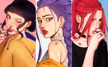 Rule 34 | 3girls, absurdres, aegyo sal, baobeics, black eyeliner, black shirt, blue nails, blush, body markings, braid, braided ponytail, brown eyes, choker, commentary, double bun, earrings, eyeliner, eyeshadow, hair bun, highres, hood, hoodie, jewelry, kpop demon hunters, lipstick mark, makeup, mira (kpop demon hunters), multiple girls, one eye closed, open mouth, purple hair, red hair, ring, rumi (kpop demon hunters), shirt, short hair, sidelocks, yellow hoodie, zoey (kpop demon hunters)