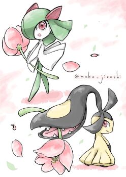 artist_name colored_skin extra_mouth falling_petals fangs flower gen_3_pokemon green_skin hair_over_one_eye highres holding holding_flower kirlia mawile muku_jirushi multicolored_skin nintendo open_mouth petals pink_flower pink_petals pokemon pokemon_(creature) smile two-tone_skin white_skin yellow_skin
