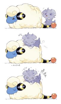 :3 :o absurdres animal_focus closed_eyes closed_mouth commentary_request espurr fang gen_2_pokemon gen_6_pokemon highres lying mareep newo_(shinra-p) nintendo no_humans nostrils o_o on_stomach open_mouth pokemon pokemon_(creature) pokemon_ability pokemon_focus pokemon_on_back purple_eyes sheep simple_background smile static_(pokemon) static_electricity translation_request white_background