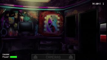 1girl against_glass animated animated_gif animatronic blonde_hair breast_press breasts breasts_on_glass buttons chica chicken_girl colored_skin desk english_text eyeliner five_nights_at_freddy&#039;s five_nights_in_anime:_after_hours_(fangame) five_nights_in_anime_(fangame) from_outside gameplay_mechanics glowing glowing_eyes hand_on_glass hand_on_window huge_breasts large_breasts looking_at_viewer makeup monitor navel no_bra no_nipples non-web_source office open_mouth pink_eyes ponytail poster_(object) pov rubbing shiny_skin shoes short_hair smile solo topless_female video_game window yellow_skin